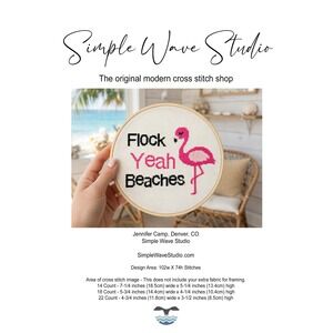 Pink Flamingo Cross Stitch Pattern – "Flock Yeah Beaches" Quote